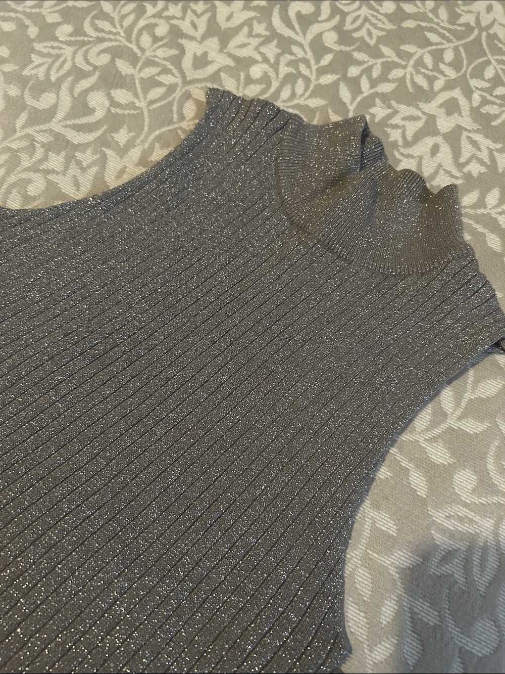 Say What? Silver Shimmery Ribbed Mock Neck Sleeveless Top